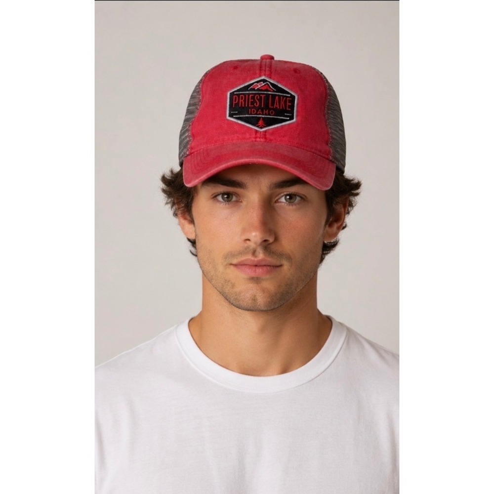 Vintage Priest Lake Idaho Trucker Hat Red Gray Mesh Snapback Legacy Cap